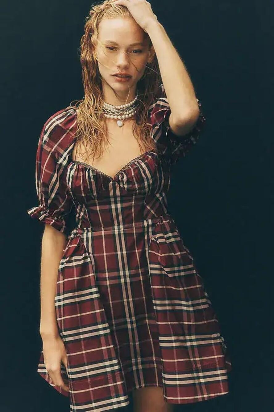 New Anthropologie Maeve Plaid puff-sleeve mini dress $158 Large Red Motif